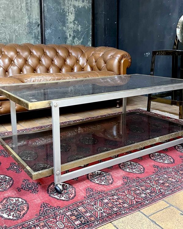 Brass and stainless steel coffee table with smoked glass