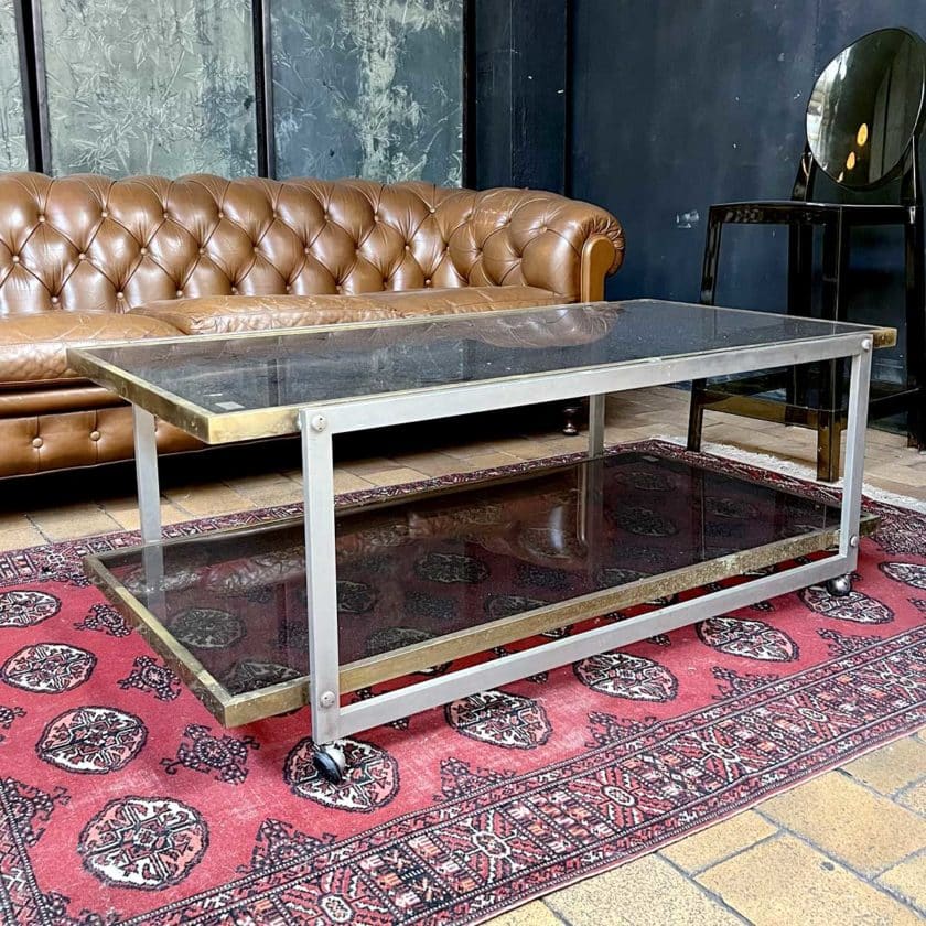 Brass and stainless steel coffee table with smoked glass