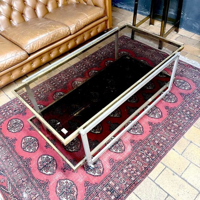 Brass and stainless steel coffee table with smoked glass top