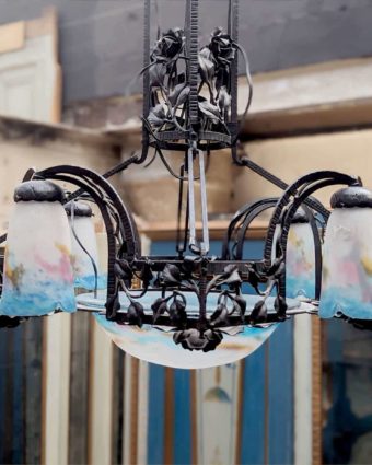 Muller Frères side wrought iron chandelier