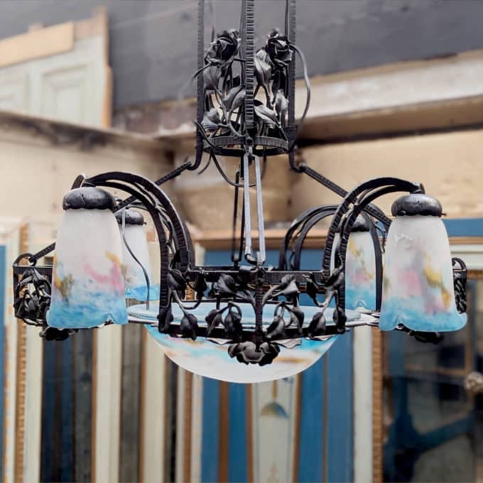Muller Frères side wrought iron chandelier
