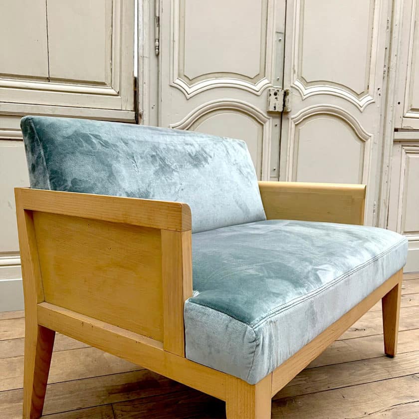 Modern bench seat with blue velvet fabric