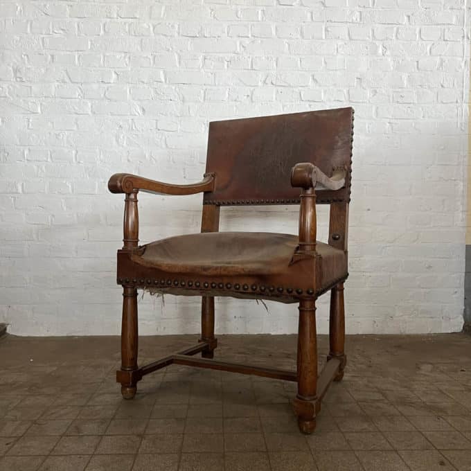 Oak and leather armchair