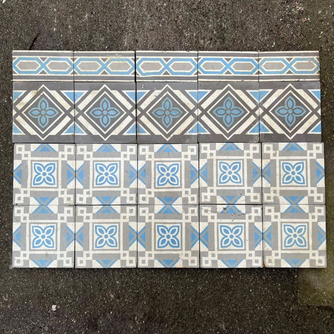 Carreaux de ciment à motif géométrique bleu et blanc 13,9m²