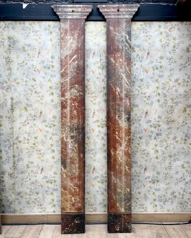 Pairs of wooden stage columns painted in faux marble and after the Antique style