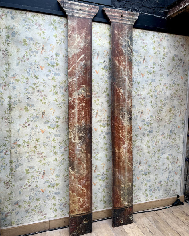 Pairs of wooden stage columns painted in faux marble and after the Antique style