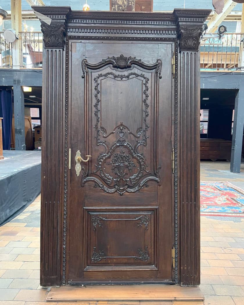 Louis XV style oak entrance door with frame, lock and key