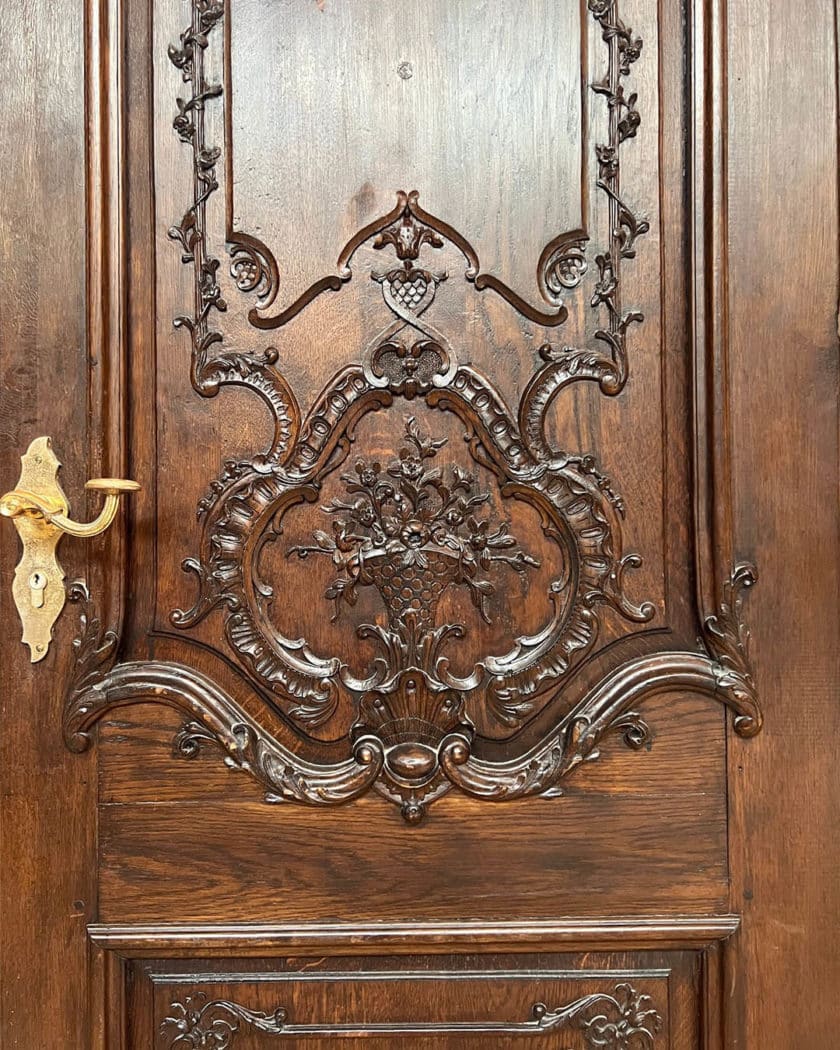 Louis XV style oak entrance door with frame, lock and key