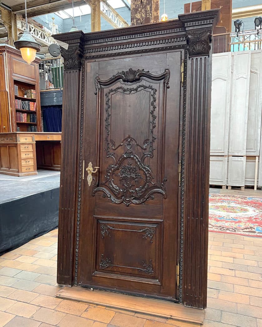 Louis XV style oak entrance door with frame, lock and key