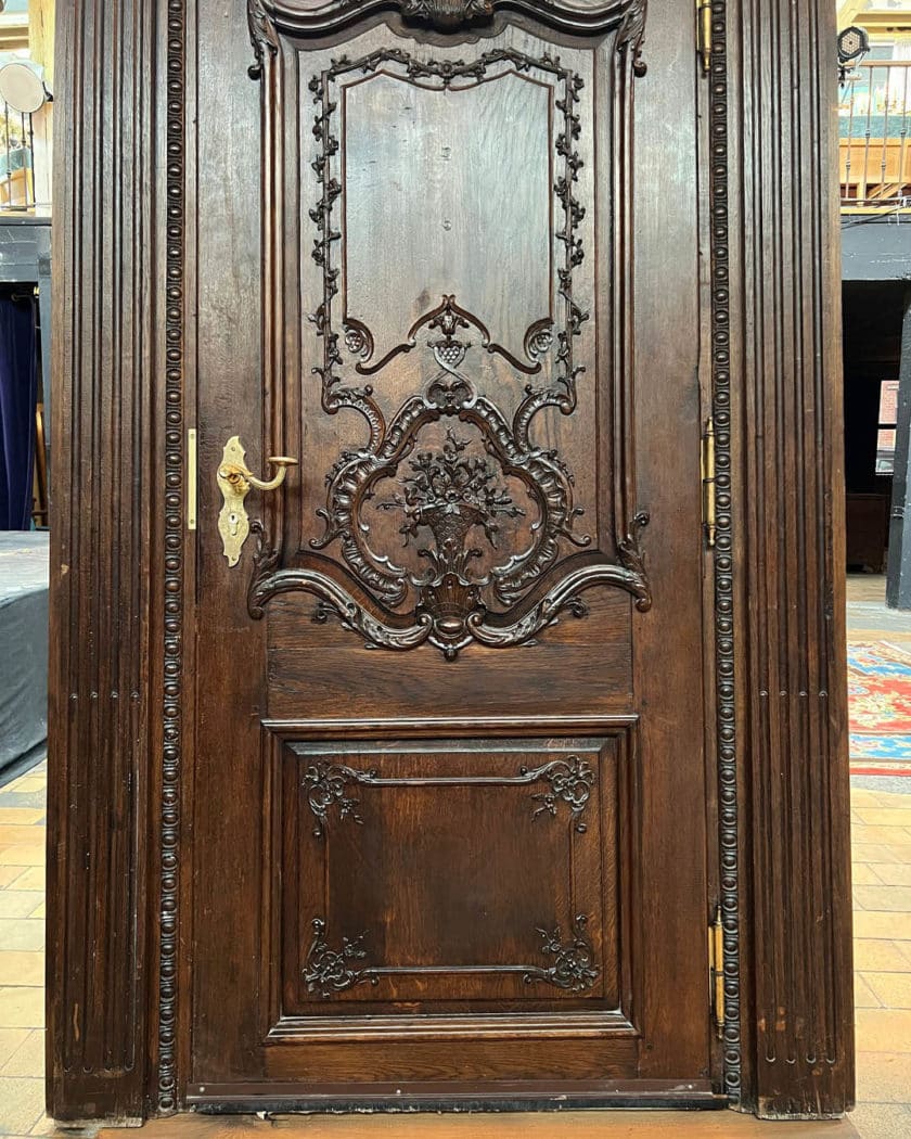 Louis XV style oak entrance door with frame, lock and key