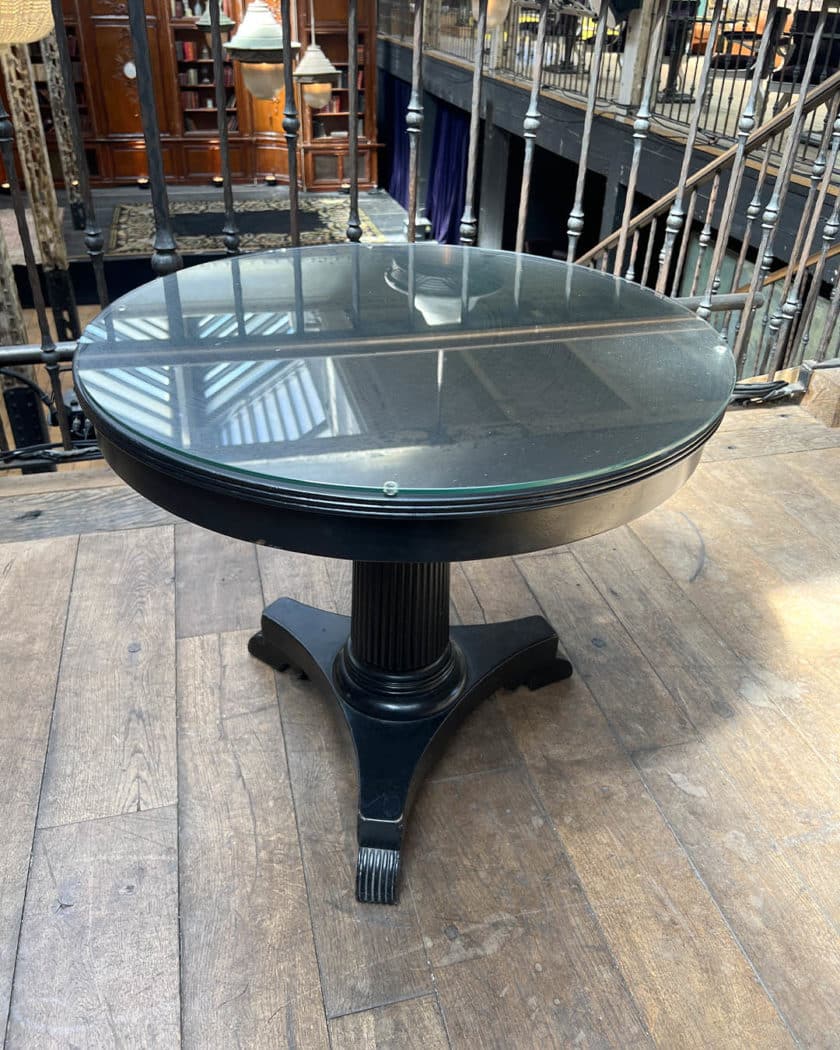 Pair of bistro tables in black lacquered wood
