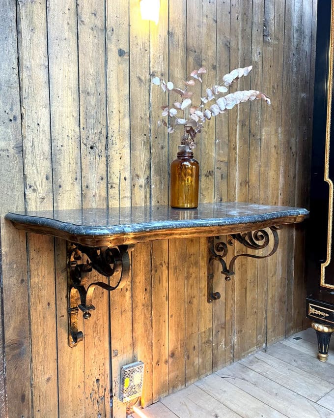 Pair of console tables in iron and black marble
