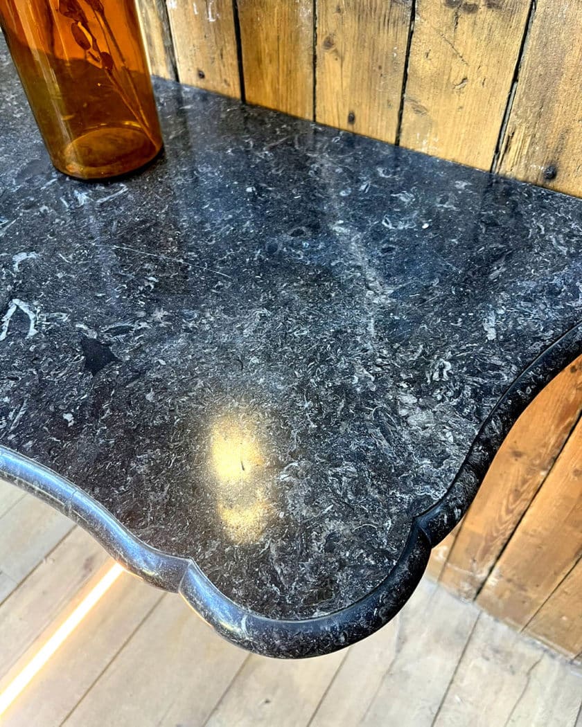 Pair of console tables in iron and black marble top