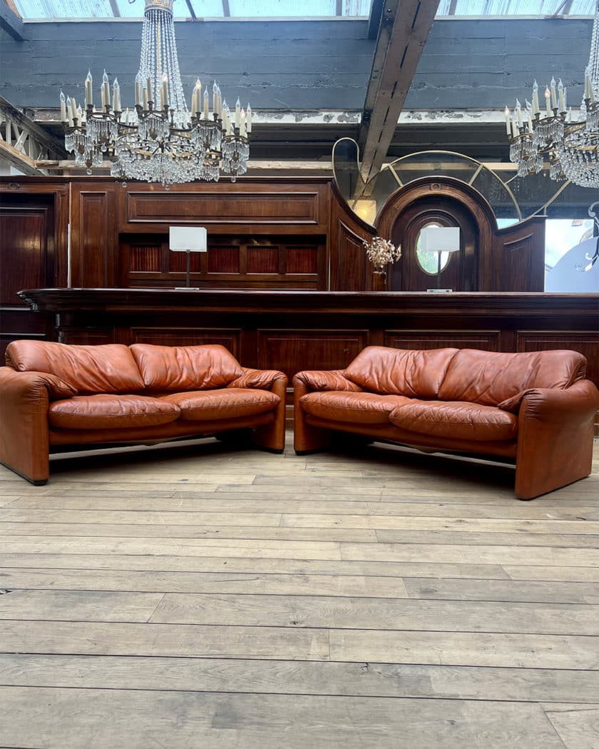 Pair of Maralunga leather sofas by Vico Magistretti for Cassina