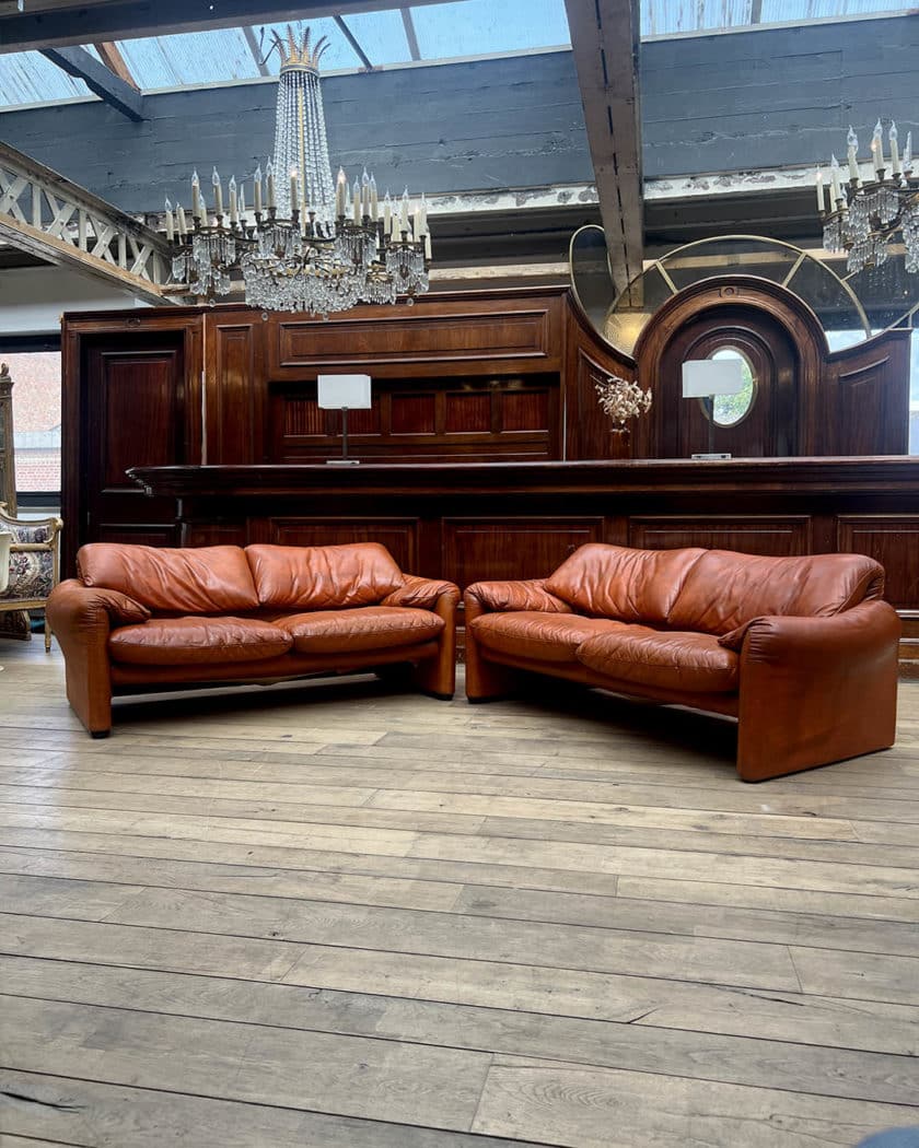 Pair of Maralunga leather sofas by Vico Magistretti for Cassina