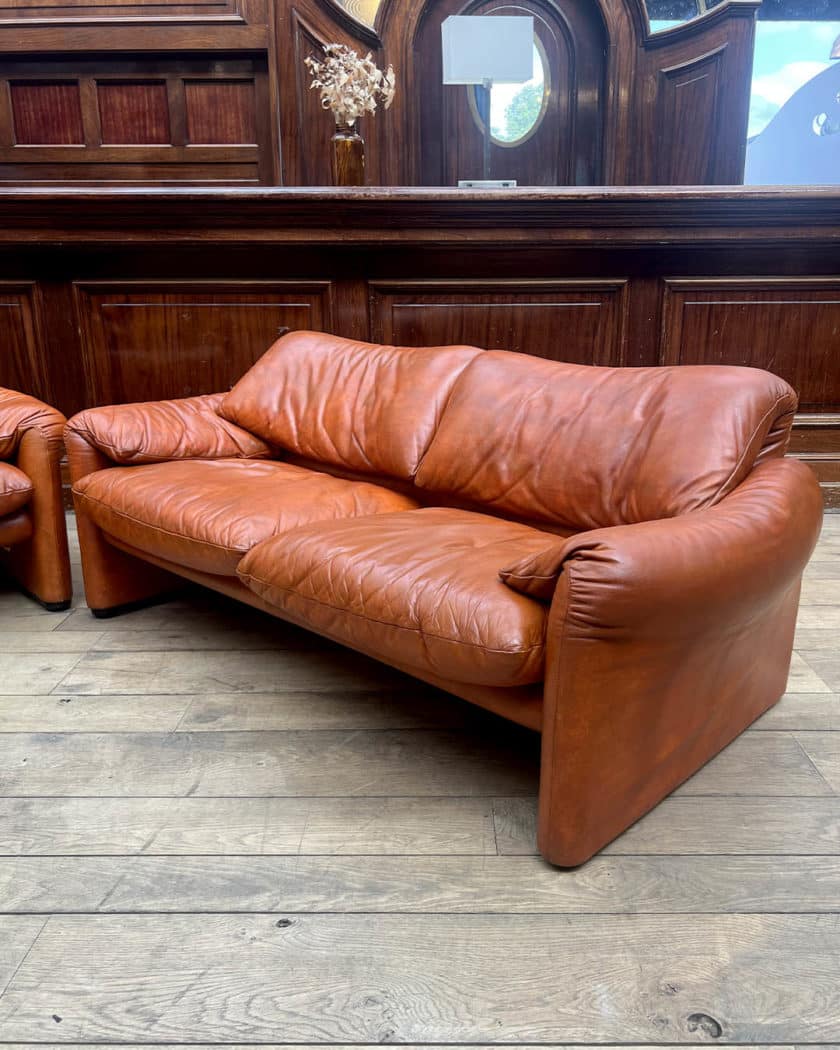 Pair of Maralunga leather sofas by Vico Magistretti for Cassina